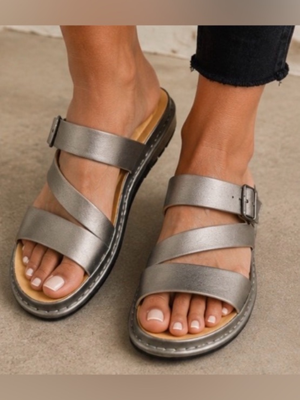 Patrizia Triple-Strap Metallic Silver Slide Sandals for Women